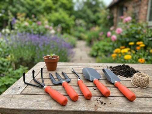 Image of Ocean Mart Gardening Hand Tools Set - 5 Pieces (Cultivator, Big and Small Trowel, Weeder, Fork) | Tools for Home Garden | Durable Plant Tool Kit | Farming Tools