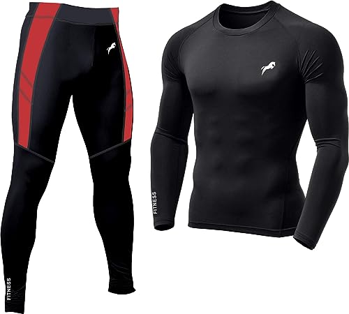Image of JUST RIDER Men's Sports Running Set Compression Shirts + Pants Skin-Tight Long Sleeves Quick Dry Fitness Tracksuit Gym Yoga Suits (Set of 2)