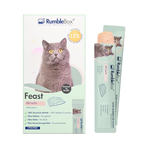 RumbleBox Schleckies mit Lachs, getreidefrei & zuckerfrei für Allergiker, Gesunde Leckerlis für Katzen mit nur 5 Zutaten