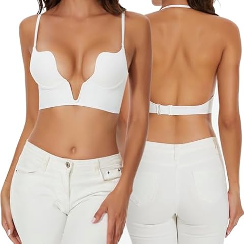 sealsea Low Back Bra Wire Lifting Deep Plunge Low Cut Backless Bra for Women with Multiple Convertible Straps White Cover