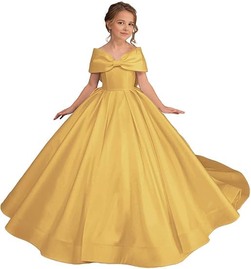 Satin Flower Girl Dress Long First Communion Dress with Bow-Knot Ruffle Pageant Party Dress for Girls