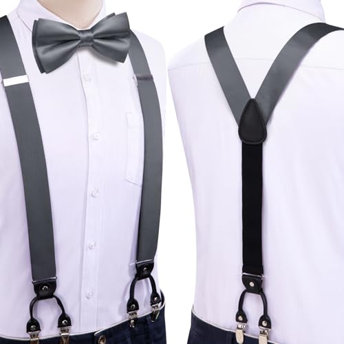 Image of Hi-Tie Men Suspender Bowtie Set Suspenders Pre-tied Bow Tie Pocket Square Cufflinks Adjustable Y Shape 6 Clips Braces Tuxedo