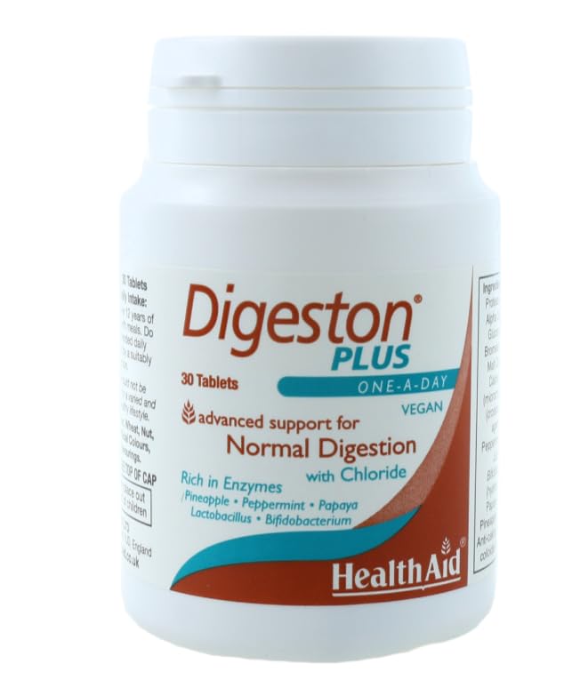 Digeston Plus Health Aid 30 comprimidos | Enzimas digestivas veganas con probióticos, piña, papaya y cloruro | Apoyo digestivo con enzimas, bacterias beneficiosas y confort intestinal