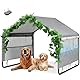 Hundehütte Outdoor für Kleine bis Große Hund, 120x120x100 cm, Wasserdicht Hundezelt Sonne-Regen-Dach für Hunde/Katzen, Hundehütte mit Mesh-Fenstern und künstlichen Weinreben, Farbe in Grau