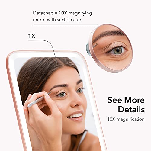 Fancii Portable Led Makeup Mirror With 3 Adjustable Light Settings, 1X Large Mirror & Detachable 10X Magnifying Mirror - Cordless Mirror For Travel, 360° Kickstand - Aura Go (Rose Gold) #TOP4