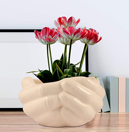 Image of Lasaki Hand White Ceramic Flower Pot for Indoor & Outdoor Plants | Decorative Balcony, Garden, Home & Office Succulent Pot | Unique Designer Gamla Plant Holder | Plants Not Included