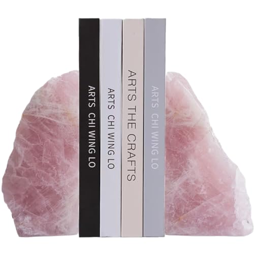 XMHOME Natural Rose Quartz Bookends with Rubber Feet 3-4Lbs Heavy Duty Non-Slip