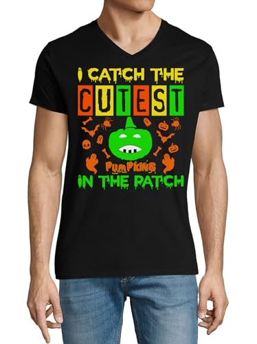 T-shirt vert citrouille col en V noir pour homme en coton doux