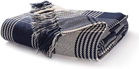 EHC Premium Reversible 100% Cotton Large 250 x 380cm Super King Size Tartan Throws for Sofa, Bedspread Navy Blue