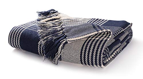 EHC Premium Reversible 100% Cotton Large 225 x 250 cm Tartan Throws for Sofa Bedspread, Navy Blue, Navy Blue / Natural