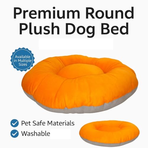 Image of The Pets Company Calming Dog & Cat Bed | Soft Fluffy Donut Reversible, Washable Pet Bed for Puppies | Cozy Plush Anti-Anxiety Cushion |, (L-38 Inch x B-38 Inch x H-6 Inch), Orange & Grey-XLarge