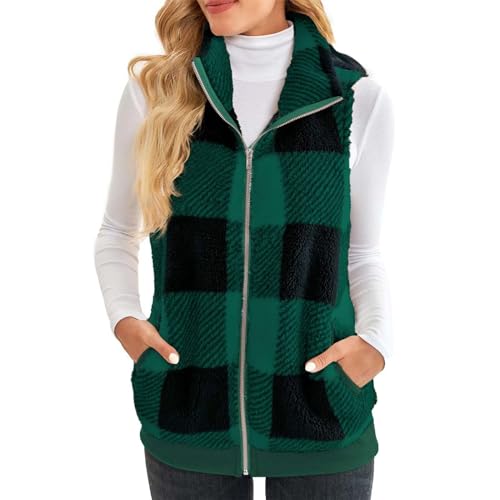 Womens Fuzzy Fleece Sherpa Vest Plaid Flannel Vest Coat Cute Vest for Teen Girls Sleeveless Winter Coat Zipper Jacket2