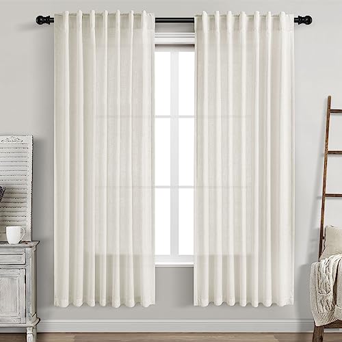 Image of Cream Natural Linen Curtains 72 Inch Length 2 Panels Set for Living Room Rod Pocket Back Tab Pinch Pleated Window Curtain Drapes Neutral Rustic Farmhouse Decor Ivory Dining Room Curtain 72 inches Long