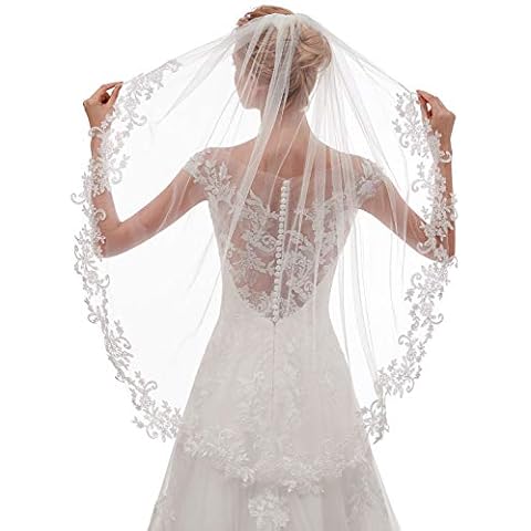 EllieHouse Womens Short Bridal Veil with Lace Appliques L69IV Cover