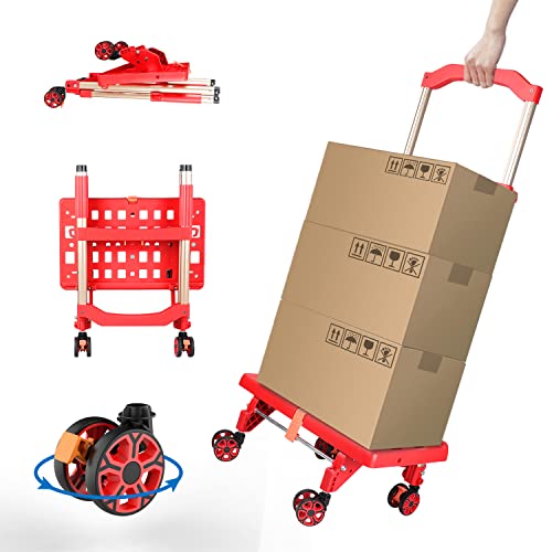 Diable pliable portable très résistant et durable avec roue rotative à 360 ° et poignée réglable 80 kg Rouge Cover