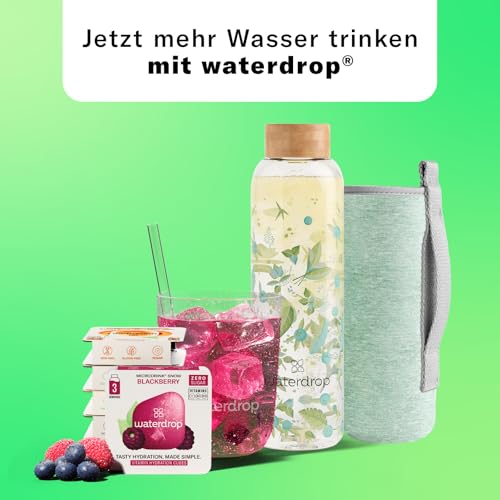 waterdrop® Flasche aus Glas 600ml inkl. 18 zuckerfreie Drops - Geschenk für Frauen - Probierpaket mit Wasserflasche, Flavor Drops & Vitaminen - auslaufsichere Trinkflasche & Kohlensäure geeignet