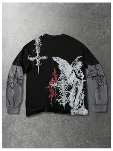 Image of VIPWOLF Men's Number Graphic Long Sleeve Jersey Shirts Oversized Y2K Round Neck 2 in 1 T-Shirts Streetwear Top