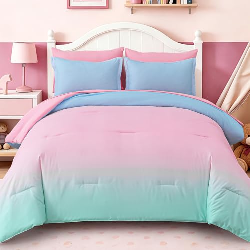 Image of Dinjoy Girls Comforter Set 7 Pieces, Queen Size Colorful Ombre Rainbow Bedding Set, Bed in A Bag for Kid Teen Girls (1 Comforter, 1 Flat Sheet, 1 Fitted Sheet, 2 Pillow Shams, 2 Pillowcases)