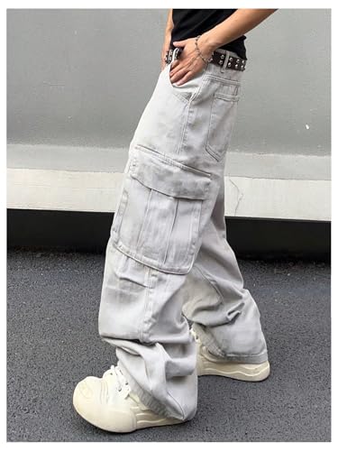 OYOANGLE Men's Baggy Cargo Denim Pants Streetwear Y2K Skater Jeans Flap Pocket Cargo Trousers4