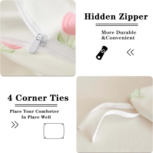 Image of Floral Duvet Cover Full Size White Pink Tulip Pattern Bedding Set with Zipper Closure 3 Pcs Garden Style Soft Microfiber Comforter Cover for Kids Women with 2 Pillowcases