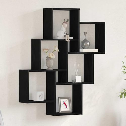 YuuSsea Estantería de pared con aspecto de roble negro, 78 x 15 x 92 cm, material de madera, 6 compartimentos para libros y decoración, versátil montaje en pared en el salón, estable y duradero