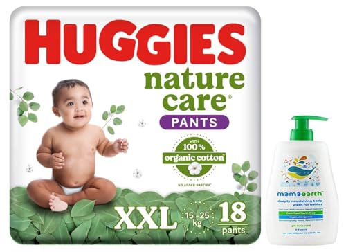 Image of Huggies Nature Care Pants for Babies, Double Extra Large (XXL) Size Baby Diaper Pants, 18 Count & Mamaearth Deeply nourishing natural baby wash (400 ml, 0-5 Yrs)