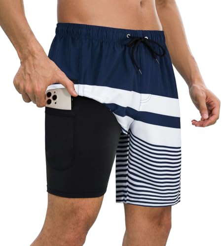 SHEKINI Mens Swim Trunks with Compression Lining Quick Dry Swimsuit for Men Board Shorts Swim Shorts with Zipper Pockets