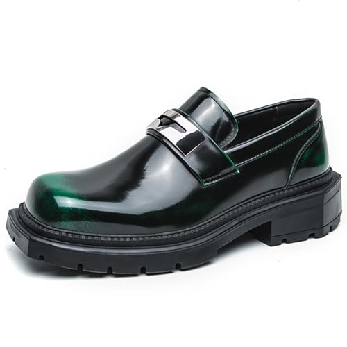 Men's Patent Leather Square Toe Platform Loafers Classic Slip-on Comfort Anti-Slip Lug Sole Low Chunky Heel Gothic Loafers for Business Work Driving Dress Casual Shoes