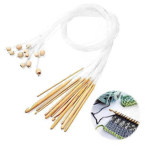12 Piezas Ganchillo Tunecino,Plástico Ganchillos Crochet,Agujas Ganchillo Bambú,Set Agujas...