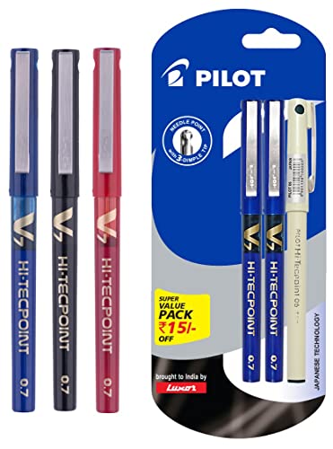 Image of Pilot V7 Liquid Ink Roller Ball Pen V7 Liquid Ink Roller Ball Pen (2 Blue + 1 Black Hi-tech Point 05)