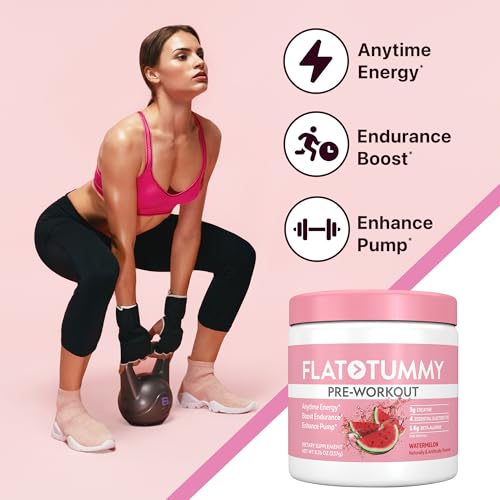 Image of Flat Tummy Pre Workout Powder for Women - Energy, Endurance, and Muscle Support with 3g Creatine, 1.6g Beta-Alanine, Electrolytes - Watermelon Flavor - 30 Servings