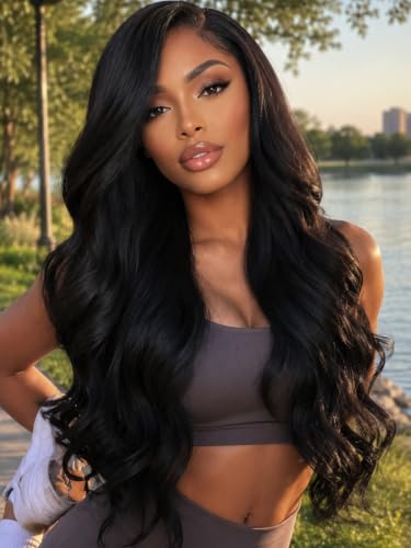Image of KLAIYI Loose Body Wave Pre Everything Glueless 13x4Lace Front Wigs Human Hair Layered Face Framing Side Bang Drawstring Pre Plucked Bleached Bye Bye Knots 3S Ready to Wear and Go Wig for Women 26Inch