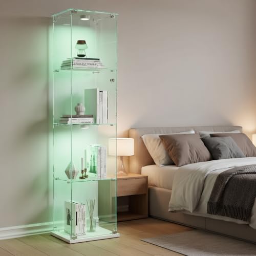 TIMORWTF Vitrina de cristal con luces LED, vitrina moderna EE con 4 estantes y puerta, vitrina de pared para colección, dormitorio, salón y comedor, 163 x 40 x 35 cm, color blanco