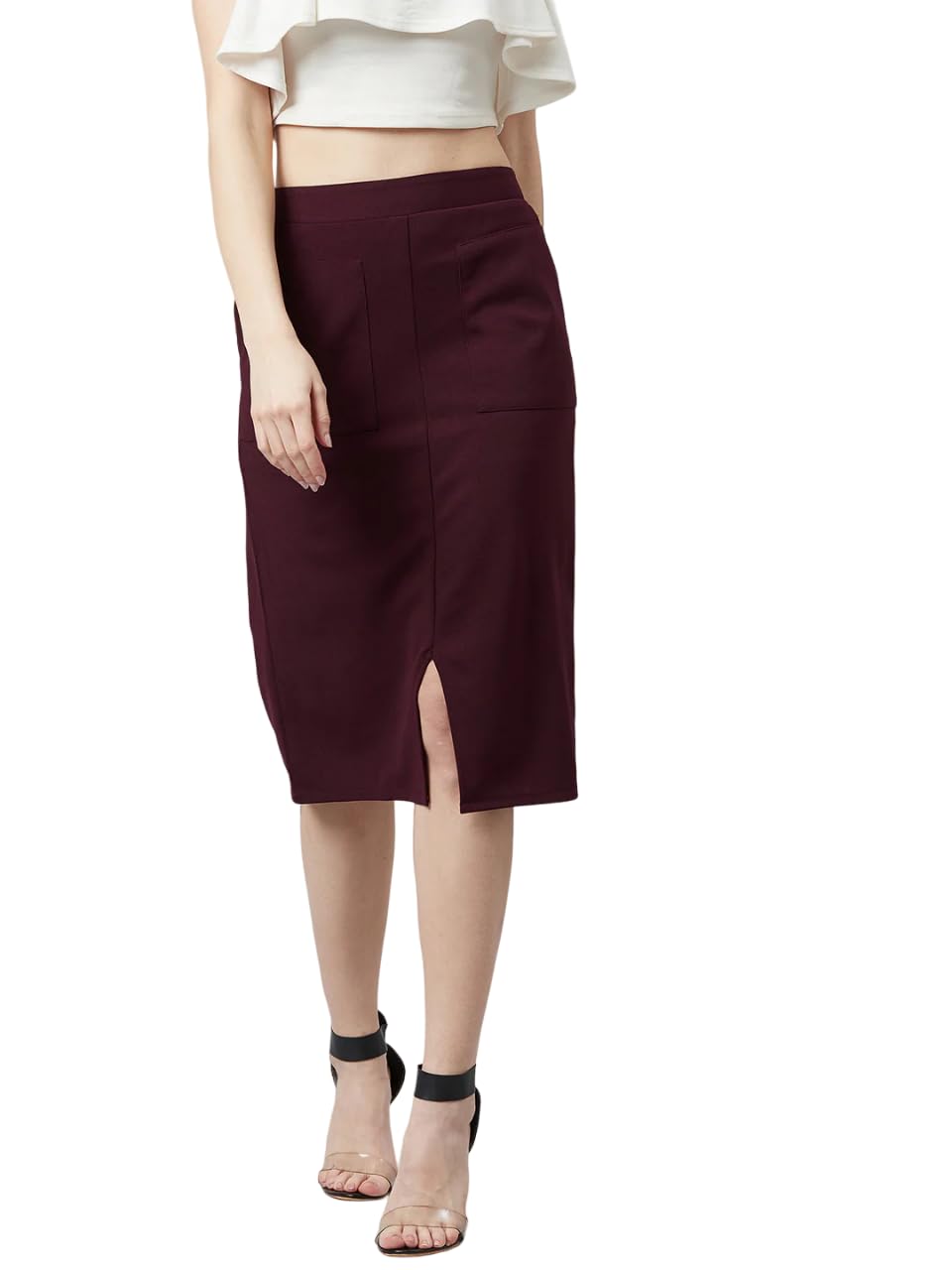 Genericwomen Burgundy Solid Pencil Midi Skirt Desertcart INDIA