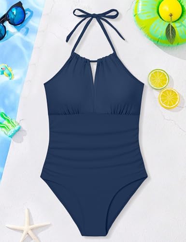 Image of Girls Swimsuit Size 8 One Piece Bathing Suits for Girls Bathing Suits Size 8-10 Halterneck Navy Blue Solid Belly Ruched Modest Padded Swimwear Girl Size 10 Swimsuit