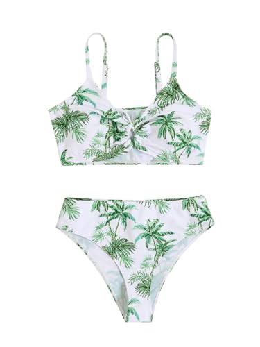 OYOANGLE Girl's 2 Piece Tropical Print Bikini Set Sport Swimsuit Ruched Tie Front Bathing Suit Swimwear