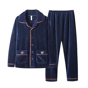 Generisch Pyjama long en polaire pour homme - Deux pièces - Hiver - Chaud - En flanelle épaisse - Avec boutons - T-shirt à manches longues et pantalon de pyjama pour homme, O bleu foncé., XL