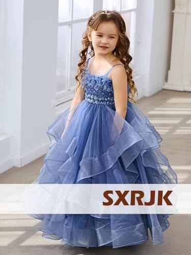 Beaded Pageant Dresses for Girls with 3D Flowers Poofy Flower Girl Dress for Wedding Toddler Ball Gown3