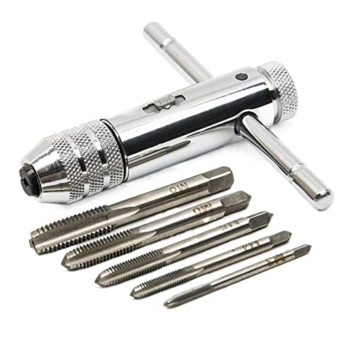 Adjustable Silver T-Handle Ratchet Tap Holder Wrench with 5pcs M3-M8 3mm-8mm Machine Screw Thread Metric Plug T-shaped Tap MINGPING (Color : 600W)
