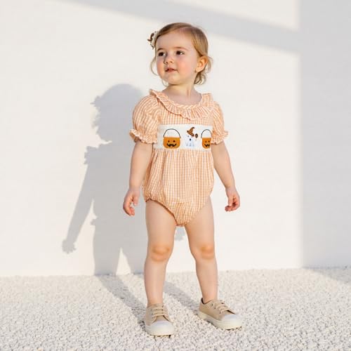 Halloween Baby Girl Outfit Pumpkin Bubble Romper Plaid Smocked Bodysuit Newborn First Halloween Clothes Fall4