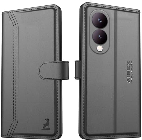 Image of AIBEX Compatible for Vivo Y28 5G / Vivo Y17s 4G Flip Cover Leather Finish | Inside TPU with Card Pockets | Wallet Stand | Complete Protection Flip Case - Black
