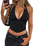 PINKMSTYLE Women Tank Tops Halter Corset Sexy Sleeveless Backless V Neck Asymmetrical Crop Top Summer Y2k Going Out Clothes Black X-Small