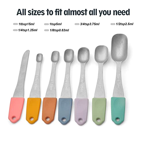 Magnetic Measuring Spoons Set, Soft Silicone Handle Stainless Steel Metal Stackable Teaspoon, Coffee Scoop, Set Of 7 Kitchen For Measuring Dry And Liquid Ingredients, Fits In Spice Jar (Colorful ) #TOP1
