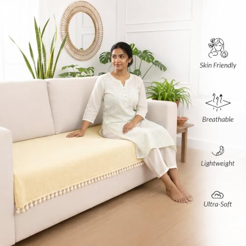 Image of HOMEMONDE 2 Seater Sofa Cover with Tassels |Soft, Durable & Textured Chenille Fabric with Tassels | Sofa Cover Mats for Living Room, Bedroom, Drawing Room & Office (76 X 122 CM, Beige)