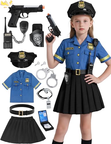 Doxrmuru Police Costume for Girls 11PCS Cop Costume Set for Kids with Toy Gun for Halloween Cosplay(9-10 Years)