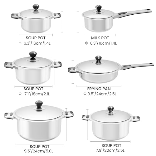 Foto de Juego de utensilios de cocina de acero inoxidable, 12 piezas antiadherentes de acero inoxidable, base D5 capas para calefacción uniforme, apto para lavavajillas, tapas de vidrio ventiladas (imagen 7)
