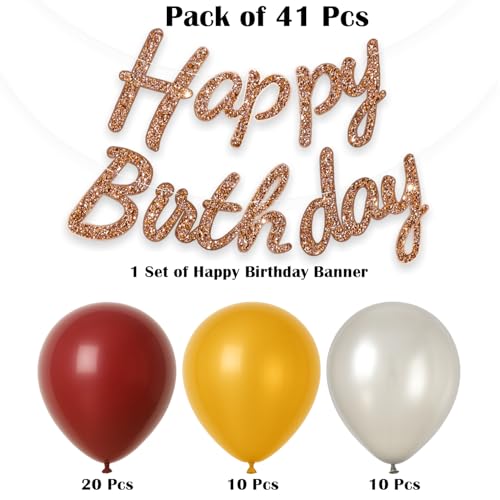 Image of Rozi Decoration Happy Birthday Decoration Set with Balloon Garland Kit (41 Pcs) - Burgundy, Gold & Silver Balloons with Paper Glitter Happy Birthday Banner for Celebration Decor