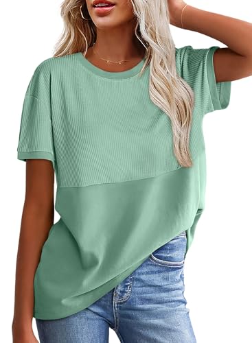 WIHOLL Tshirts Shirts for Women 2025 Short Sleeve Cute Summer Tops Dressy Casual 90S Plus Size Beach Vacation Outfits Color Block Fashion Blouses Workout Clothes Green 2XL