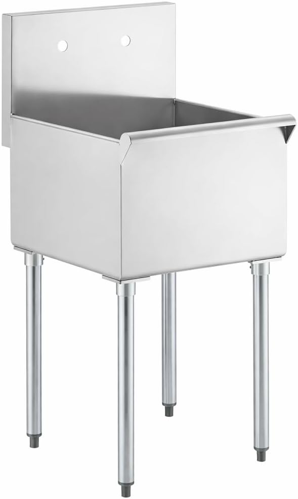 Commercial Stainless Steel Utility Sink with Backsplash, Single Compartment, 18" x 18" x 13" Deep Bowl, 16-Gauge Construction - Perfect for Janitorial Area, Garage, Laundry Room, Workshop