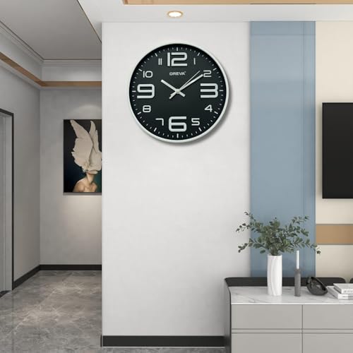 Image of OREVA 12 Inch Round Fancy Embossed Number Dial Contemporary Stylish Quartz Clocks Modern Analog Silent Wall Clock for Living Room Bedroom Home Decor Office AQ-9497SS (Black)